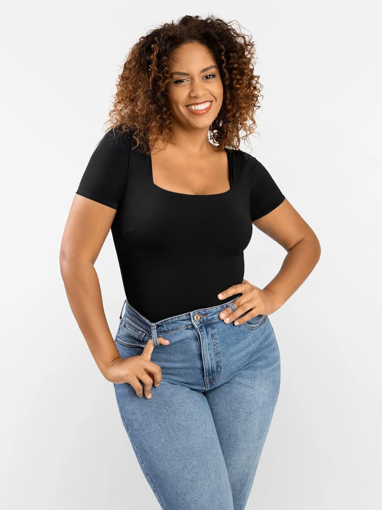 Shapewear Square Neck Short Sleeve Thong Bodysuit