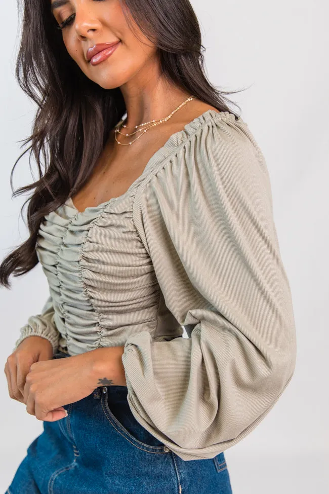 Show Me The Way Sage Ribbed Knit Ruched Balloon Sleeve Bodysuit