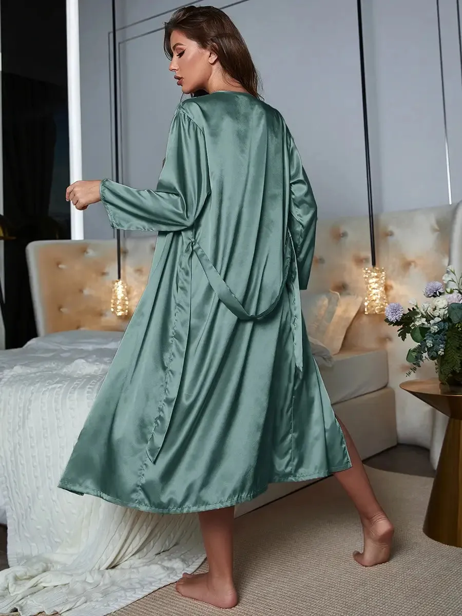 Slessic Shiny Satin Robe Slip Nightdress Set