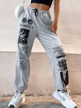Slogan Drawstring Natural Long Women Sweatpants