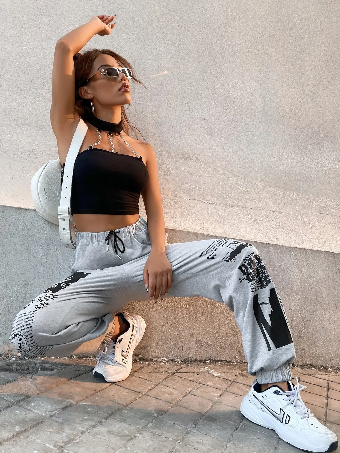 Slogan Drawstring Natural Long Women Sweatpants