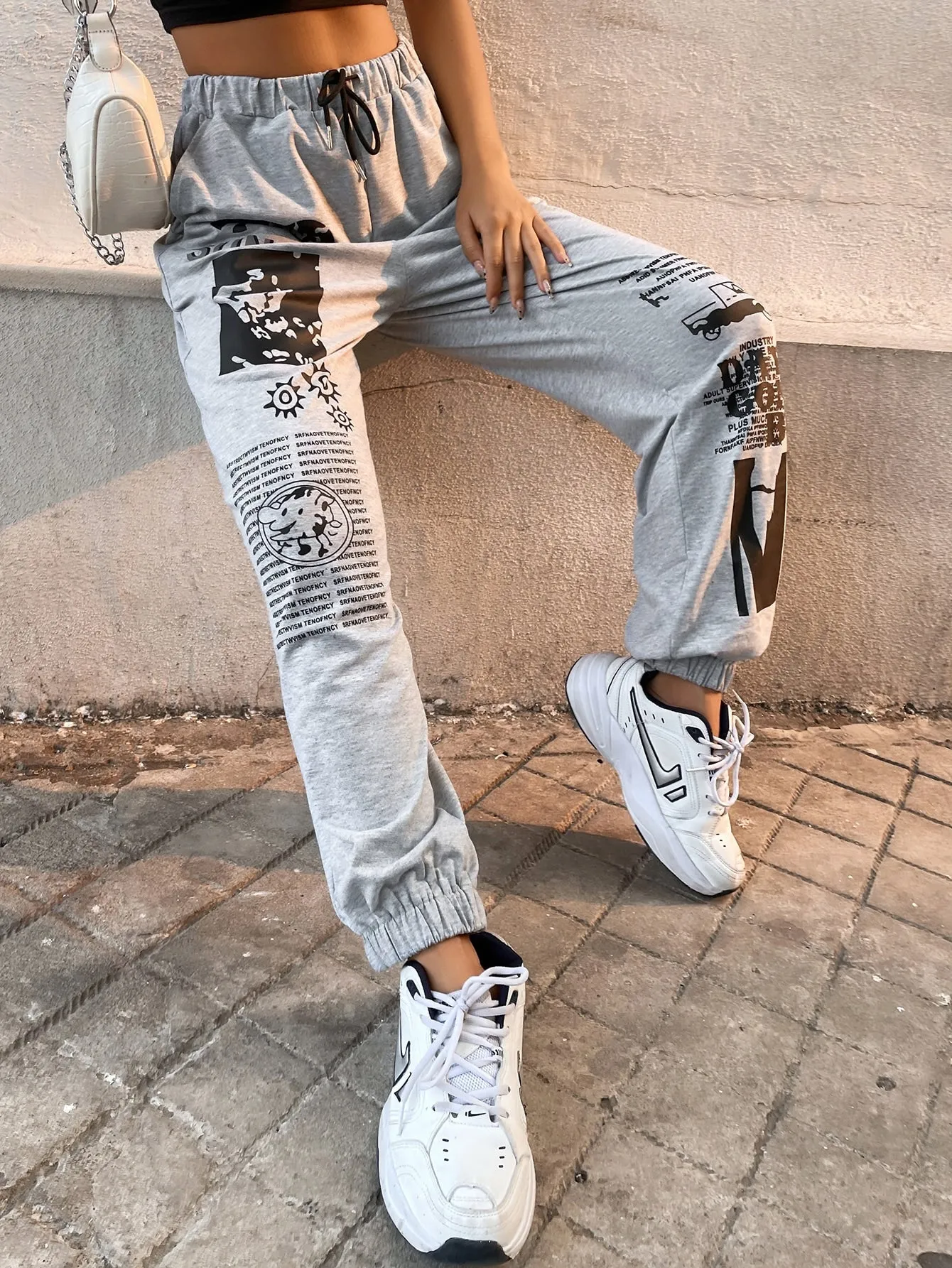 Slogan Drawstring Natural Long Women Sweatpants