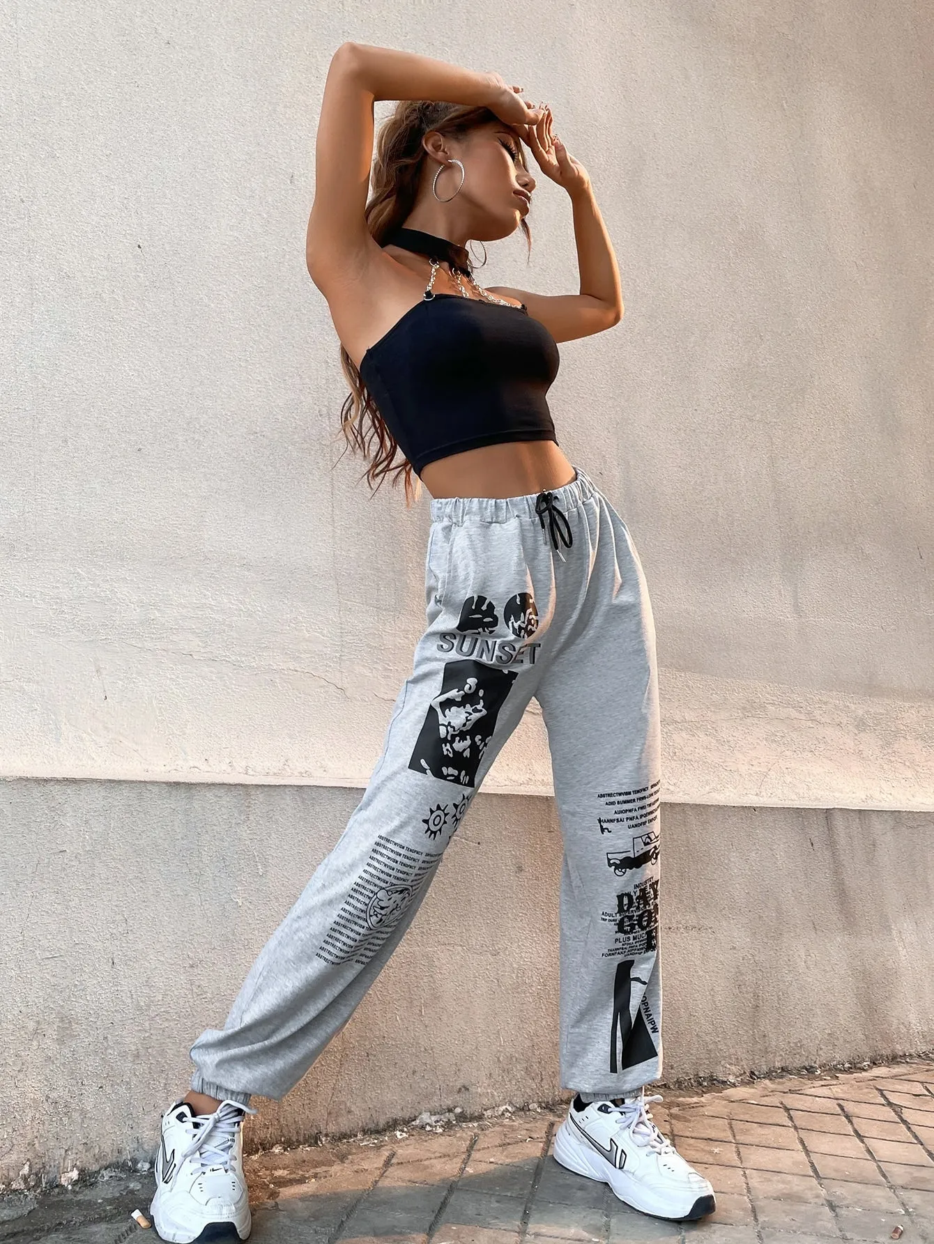 Slogan Drawstring Natural Long Women Sweatpants