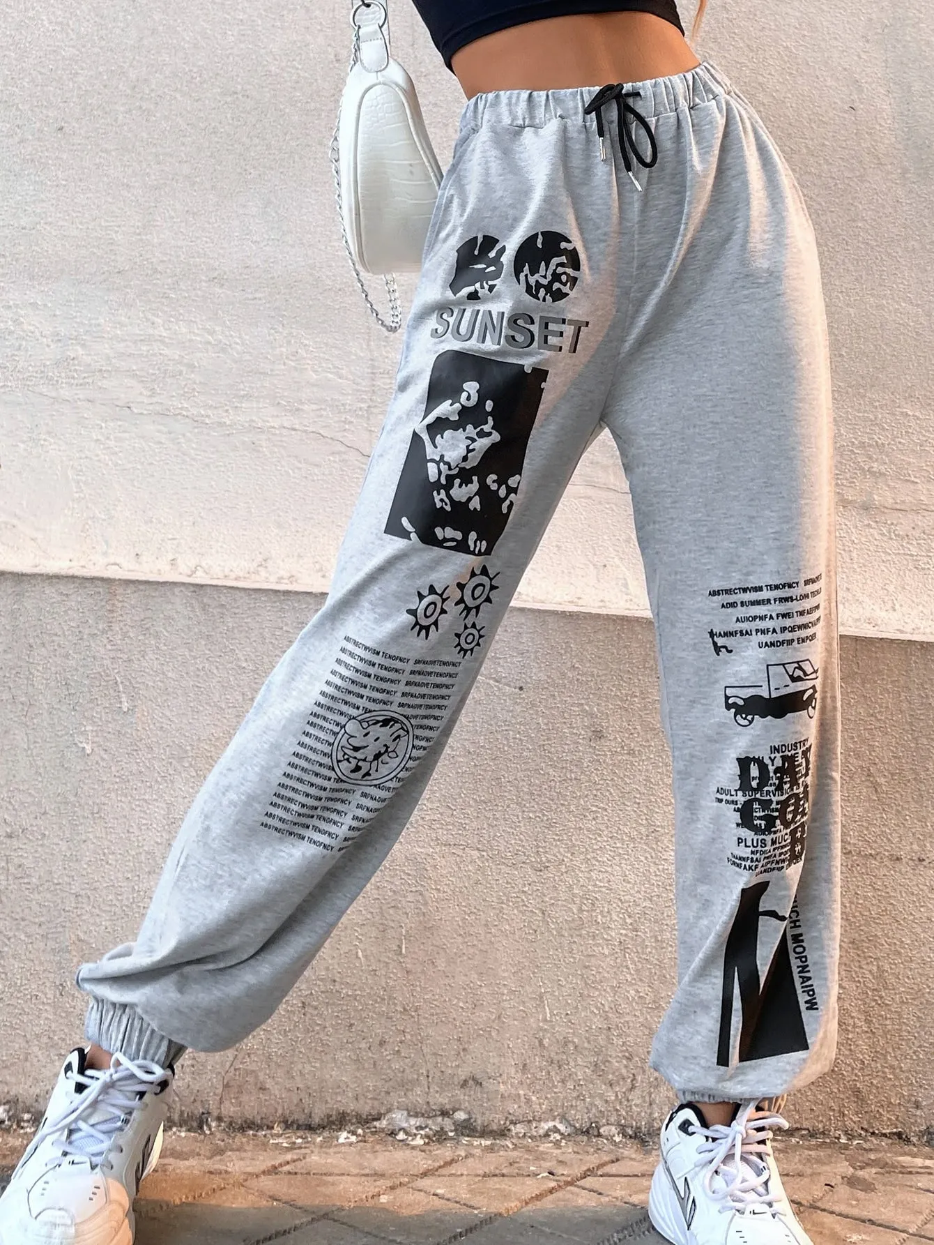 Slogan Drawstring Natural Long Women Sweatpants