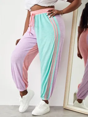 Striped Drawstring High Waist Cropped Plus Size Sweatpants