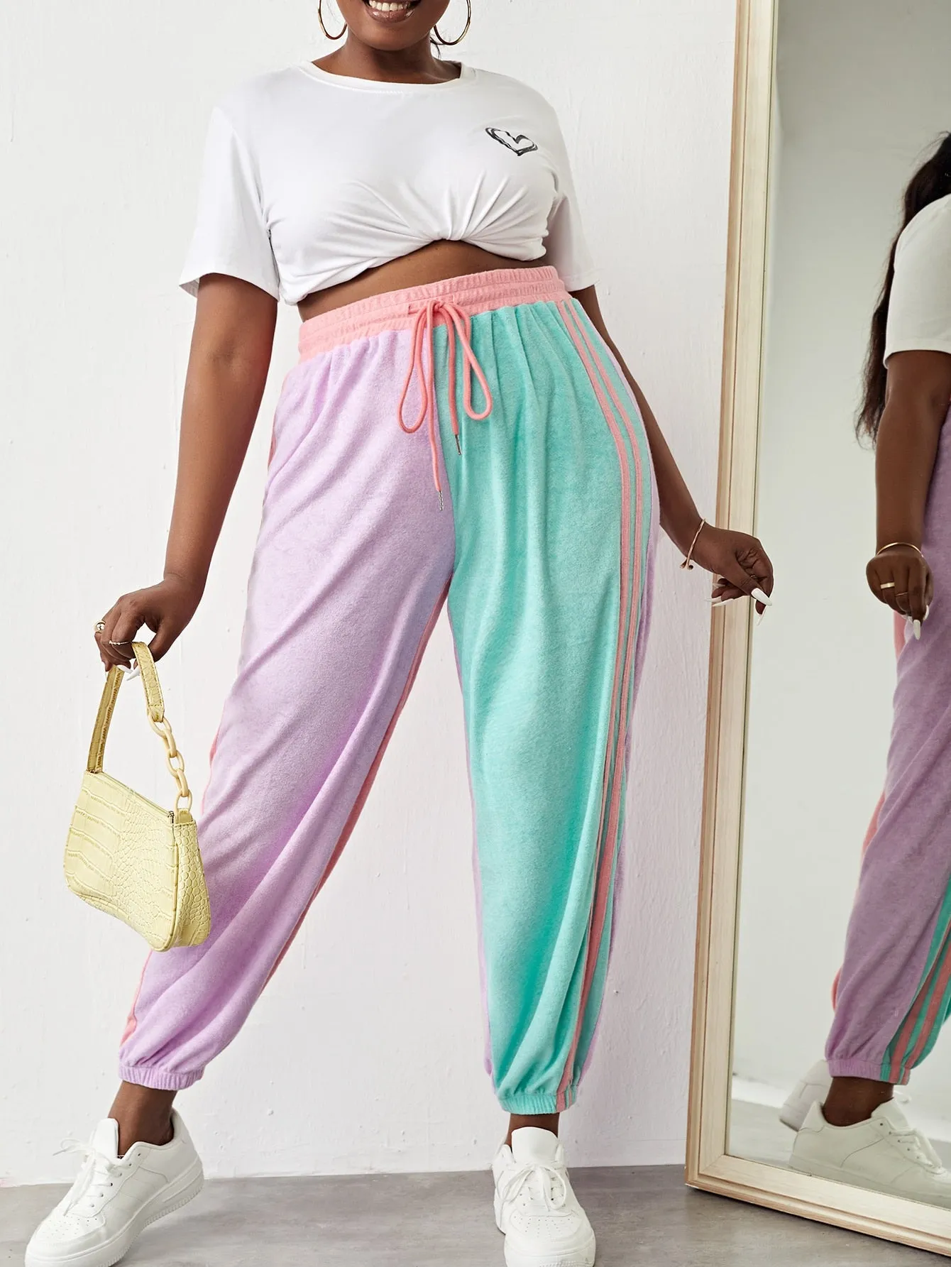 Striped Drawstring High Waist Cropped Plus Size Sweatpants