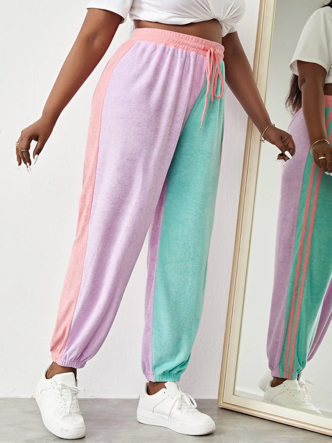 Striped Drawstring High Waist Cropped Plus Size Sweatpants