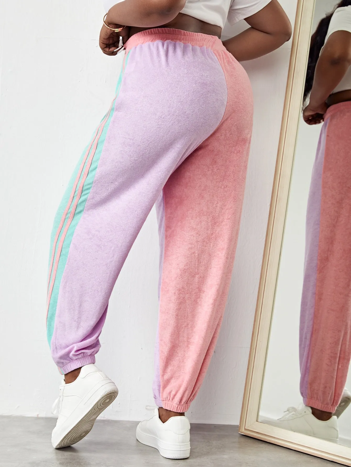 Striped Drawstring High Waist Cropped Plus Size Sweatpants
