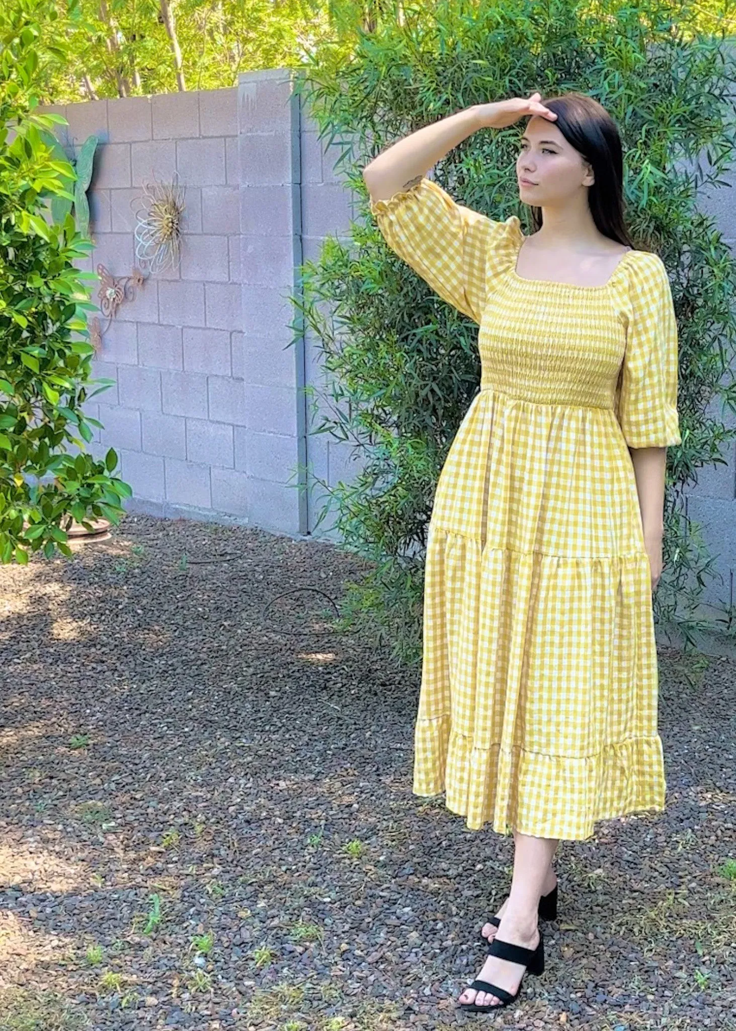 Sunshine, Smocked Bodice, Midi Dress, Tiered Yellow Gingham
