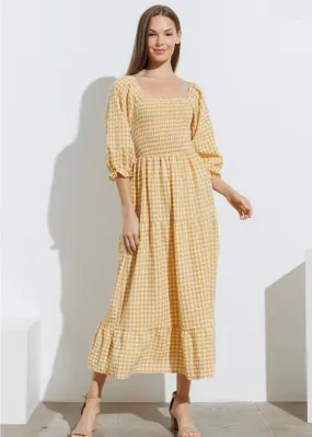 Sunshine, Smocked Bodice, Midi Dress, Tiered Yellow Gingham