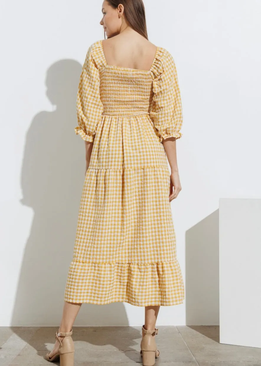 Sunshine, Smocked Bodice, Midi Dress, Tiered Yellow Gingham