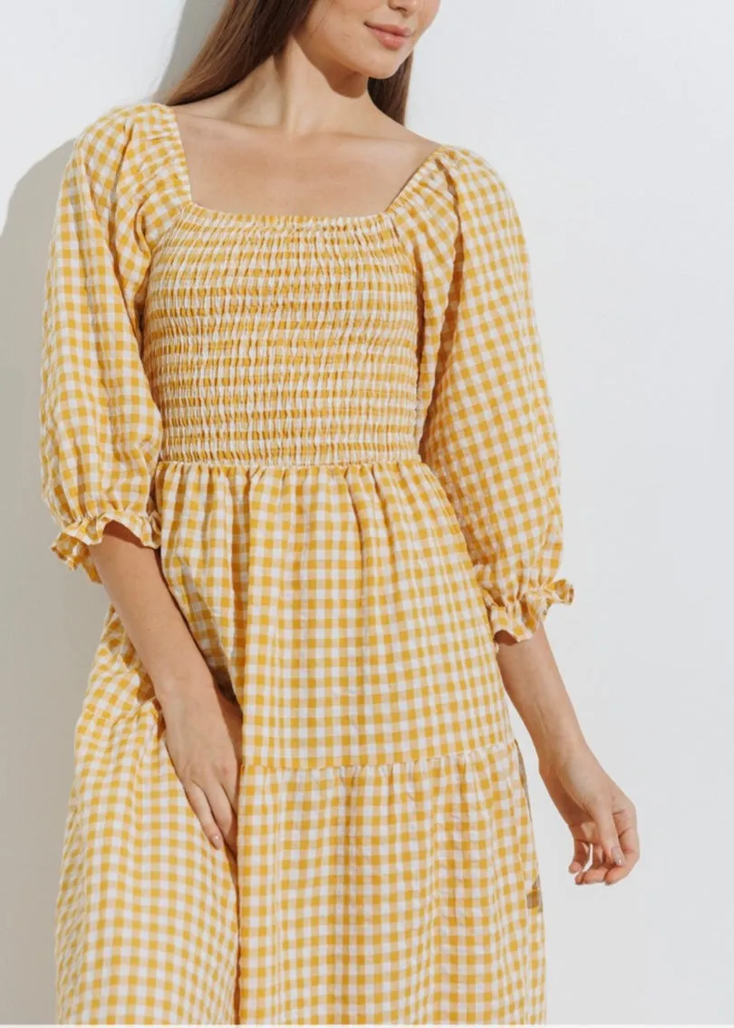 Sunshine, Smocked Bodice, Midi Dress, Tiered Yellow Gingham