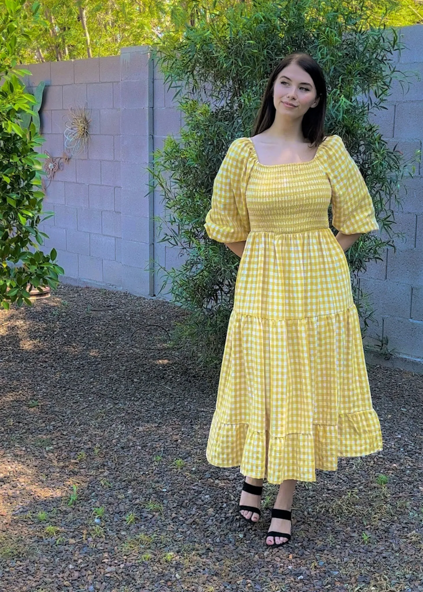 Sunshine, Smocked Bodice, Midi Dress, Tiered Yellow Gingham