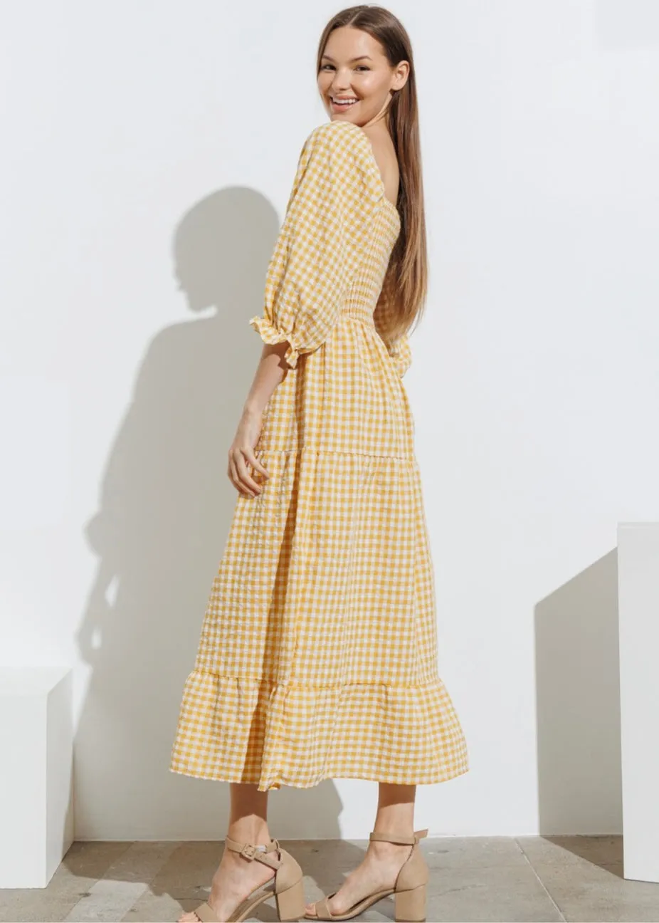 Sunshine, Smocked Bodice, Midi Dress, Tiered Yellow Gingham