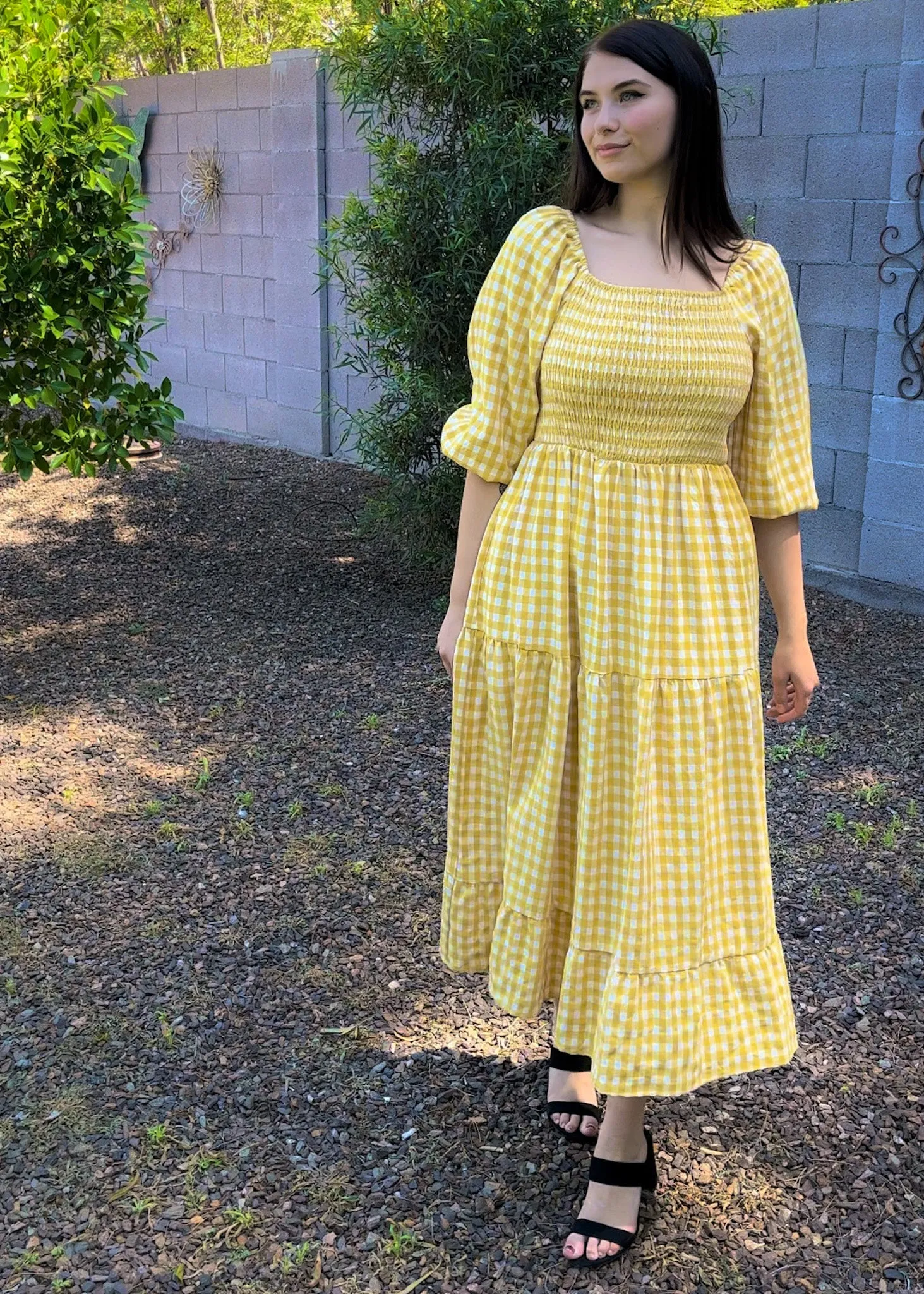 Sunshine, Smocked Bodice, Midi Dress, Tiered Yellow Gingham