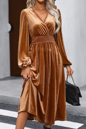 Surplice Balloon Sleeve Smocked Midi Dress