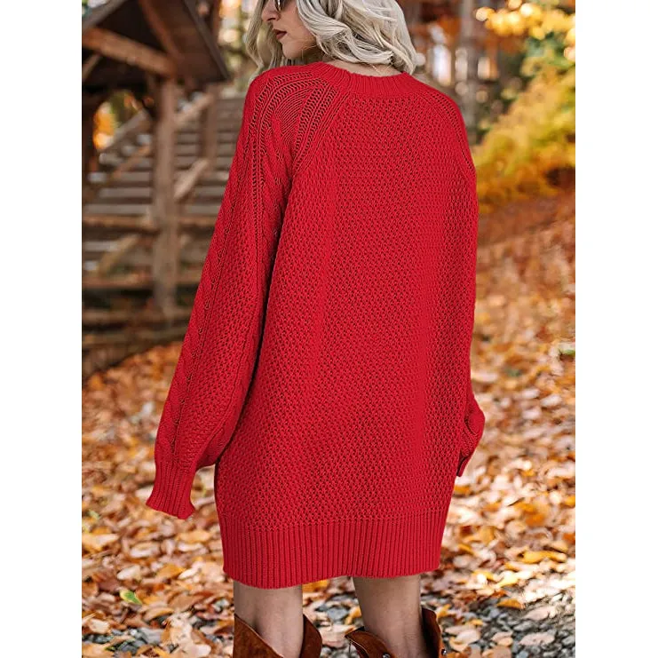 TastyHottie - Women Crewneck Long Sleeve Oversized Cable Knit Chunky Pullover Short Sweater Dresses