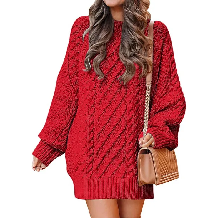 TastyHottie - Women Crewneck Long Sleeve Oversized Cable Knit Chunky Pullover Short Sweater Dresses