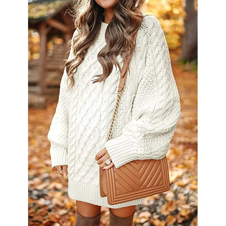 TastyHottie - Women Crewneck Long Sleeve Oversized Cable Knit Chunky Pullover Short Sweater Dresses