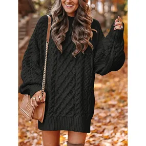 TastyHottie - Women Crewneck Long Sleeve Oversized Cable Knit Chunky Pullover Short Sweater Dresses