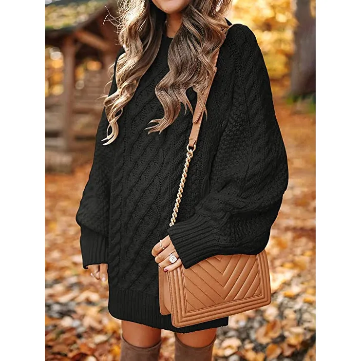 TastyHottie - Women Crewneck Long Sleeve Oversized Cable Knit Chunky Pullover Short Sweater Dresses