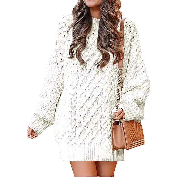 TastyHottie - Women Crewneck Long Sleeve Oversized Cable Knit Chunky Pullover Short Sweater Dresses