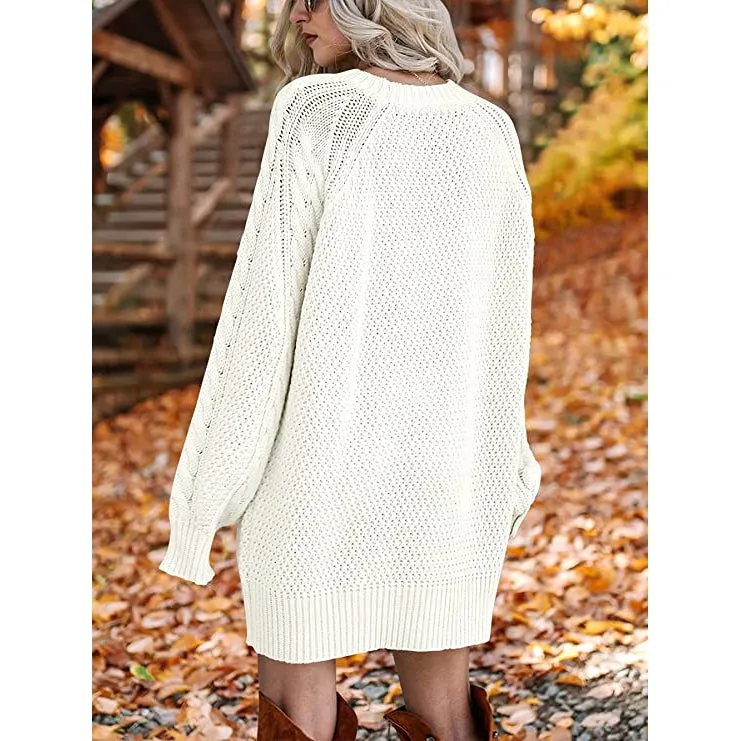 TastyHottie - Women Crewneck Long Sleeve Oversized Cable Knit Chunky Pullover Short Sweater Dresses