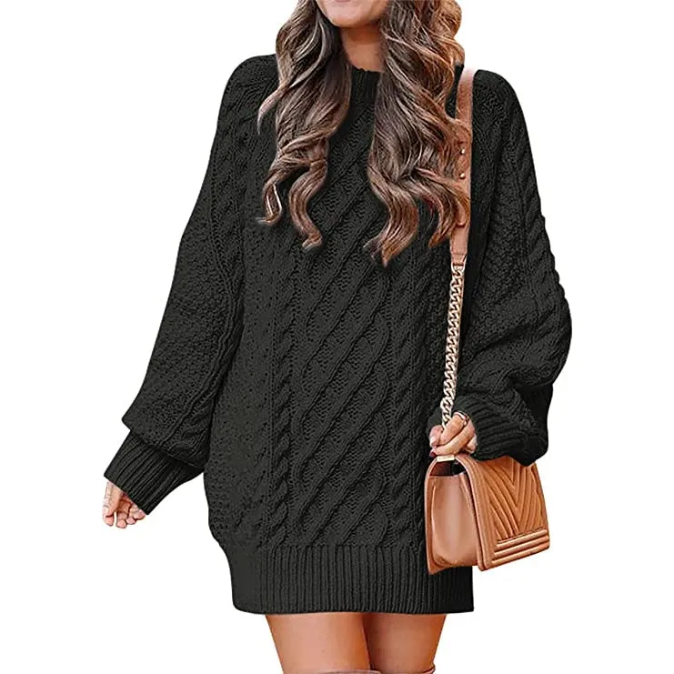 TastyHottie - Women Crewneck Long Sleeve Oversized Cable Knit Chunky Pullover Short Sweater Dresses