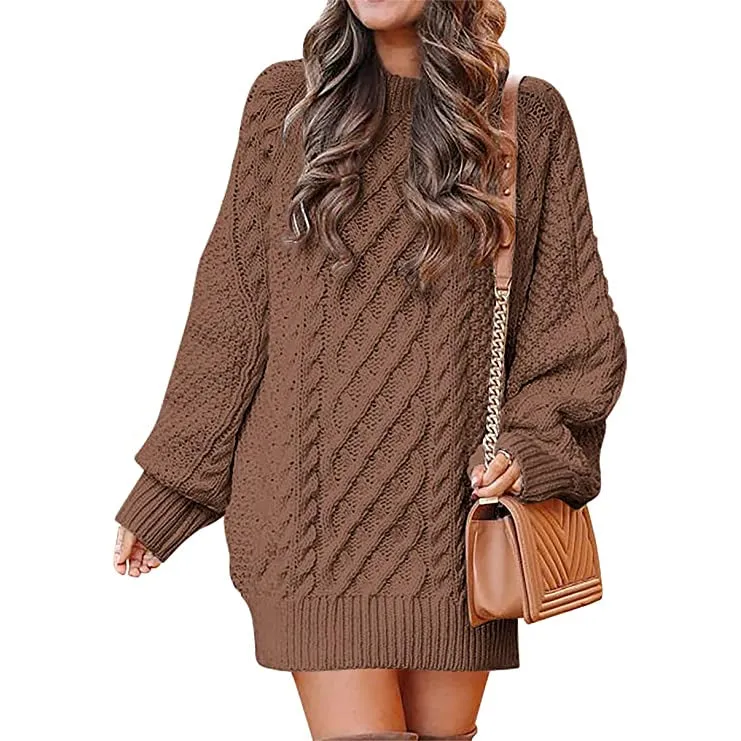TastyHottie - Women Crewneck Long Sleeve Oversized Cable Knit Chunky Pullover Short Sweater Dresses