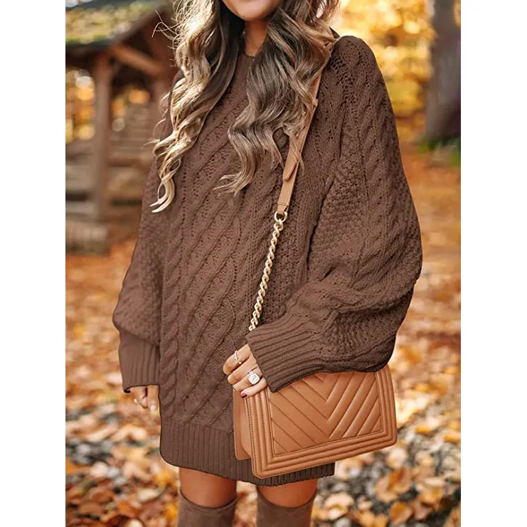 TastyHottie - Women Crewneck Long Sleeve Oversized Cable Knit Chunky Pullover Short Sweater Dresses