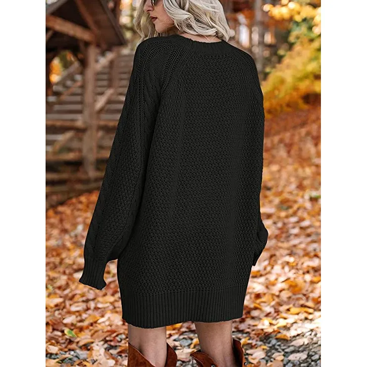 TastyHottie - Women Crewneck Long Sleeve Oversized Cable Knit Chunky Pullover Short Sweater Dresses