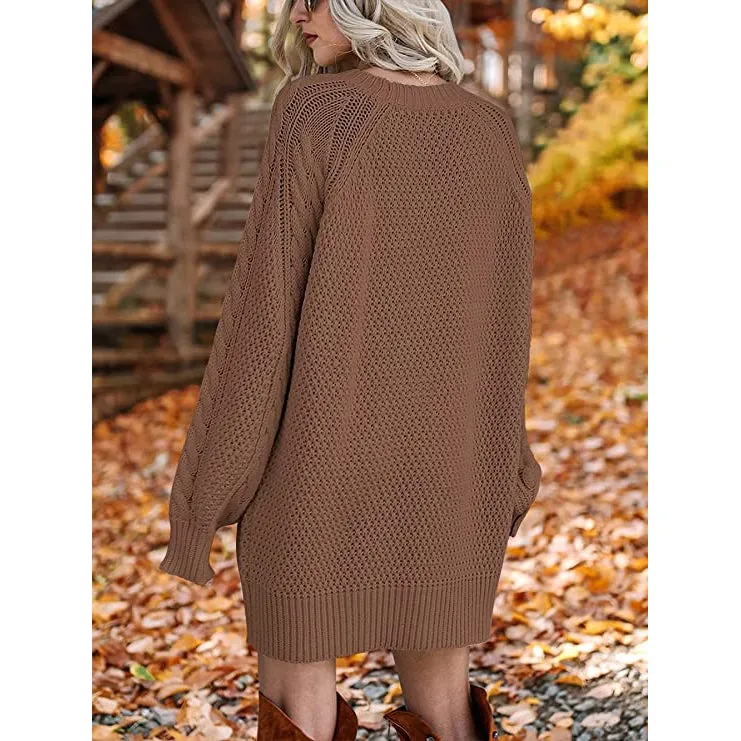 TastyHottie - Women Crewneck Long Sleeve Oversized Cable Knit Chunky Pullover Short Sweater Dresses
