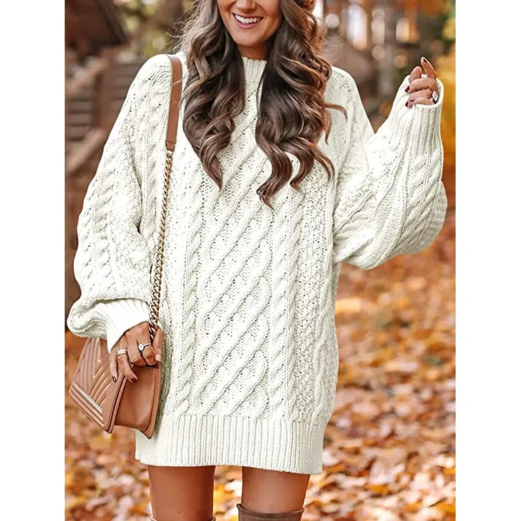 TastyHottie - Women Crewneck Long Sleeve Oversized Cable Knit Chunky Pullover Short Sweater Dresses