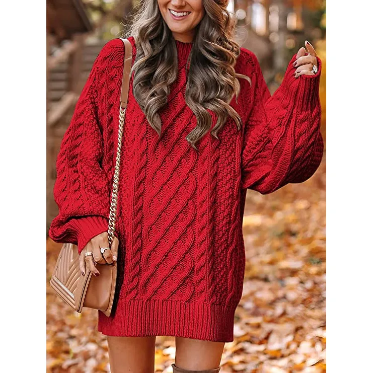 TastyHottie - Women Crewneck Long Sleeve Oversized Cable Knit Chunky Pullover Short Sweater Dresses