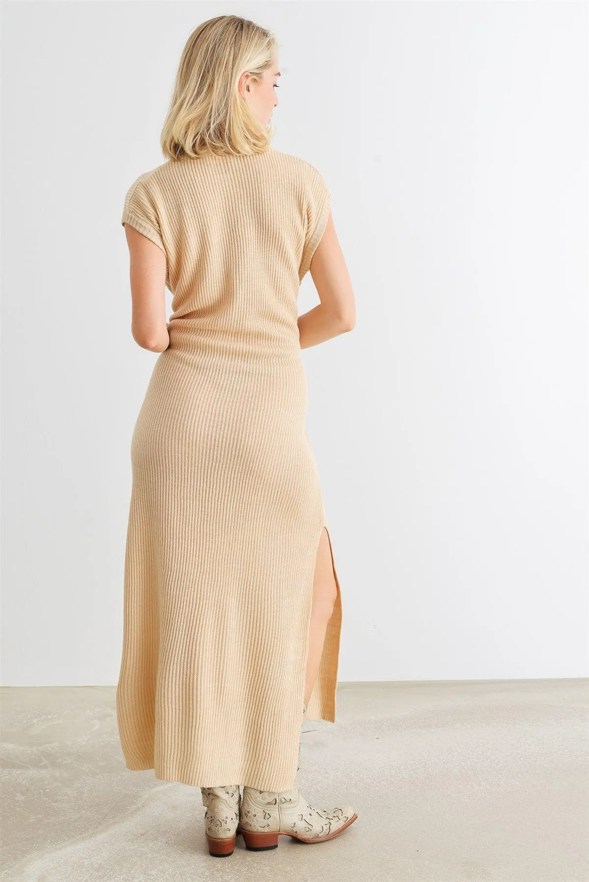 Taupe Knit Button-Up Sleeveless Belted Midi Sweater Dress /3-2-1