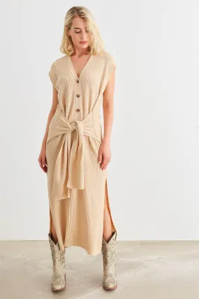 Taupe Knit Button-Up Sleeveless Belted Midi Sweater Dress /3-2-1