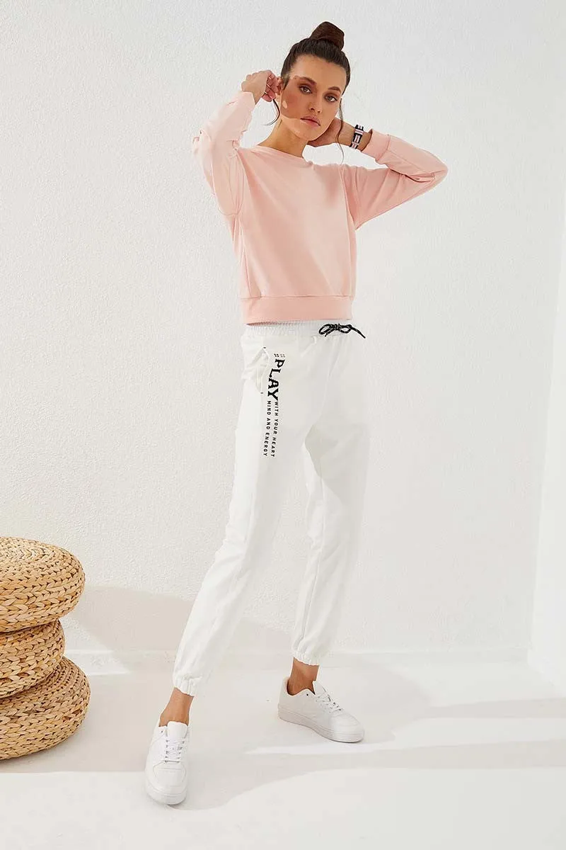 TMY Ecru High Waisted Embroidered Comfort Fit Elastic Cuff Women's Sweatpants - 94573 - Rossano