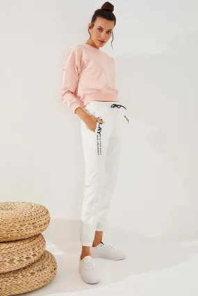 TMY Ecru High Waisted Embroidered Comfort Fit Elastic Cuff Women's Sweatpants - 94573 - Rossano