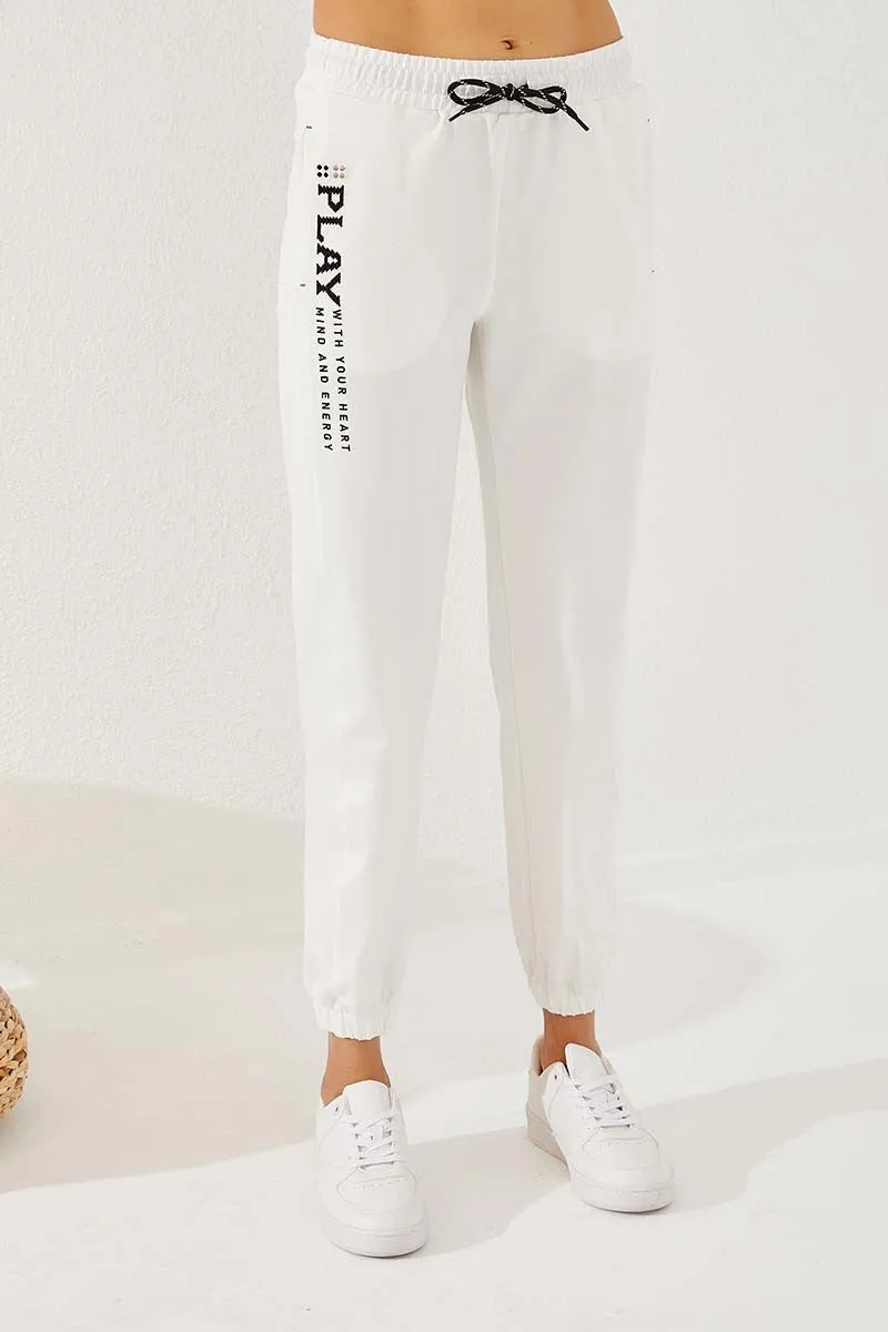 TMY Ecru High Waisted Embroidered Comfort Fit Elastic Cuff Women's Sweatpants - 94573 - Rossano