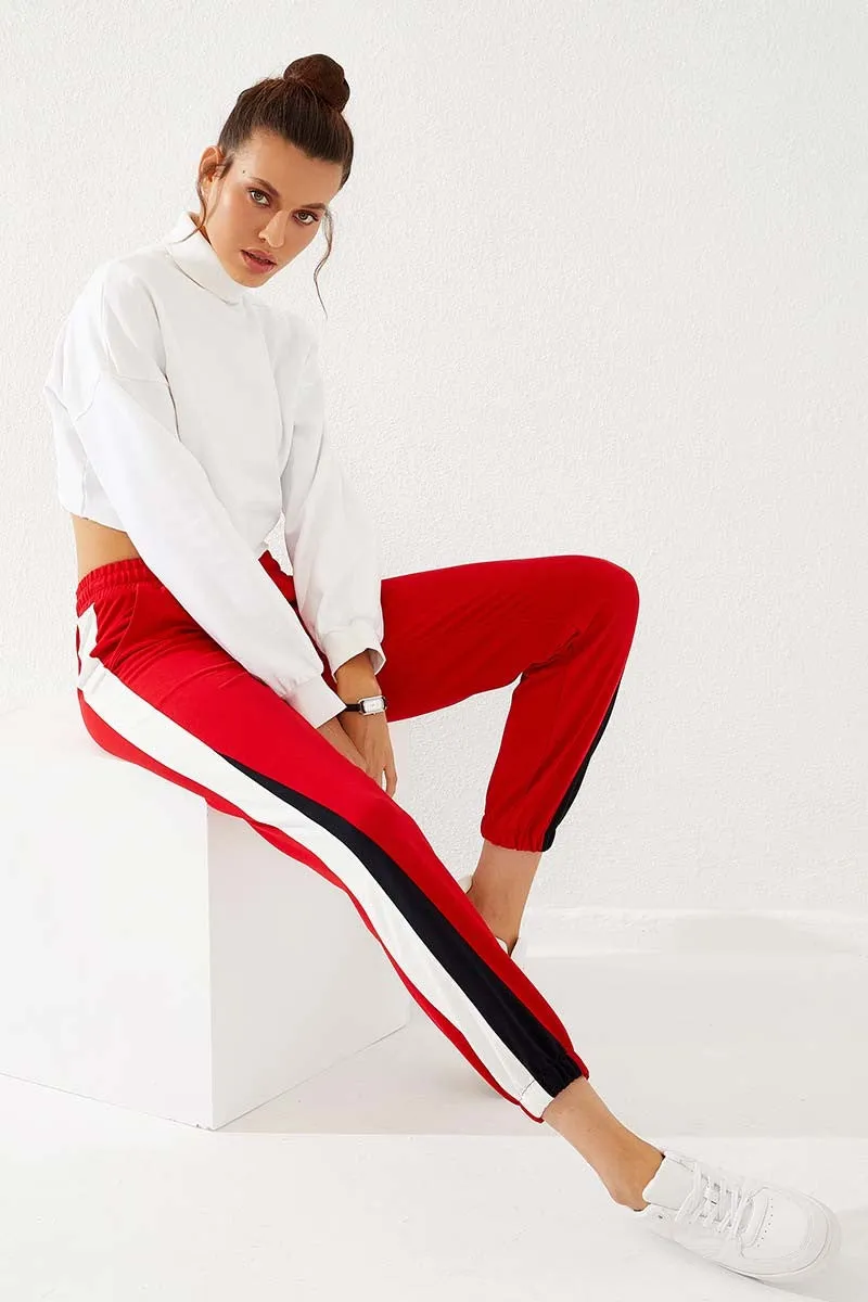 TMY Red Two-Color Striped Comfort Fit Elastic Cuff Women's Sweatpants - 94582 - Bartlett