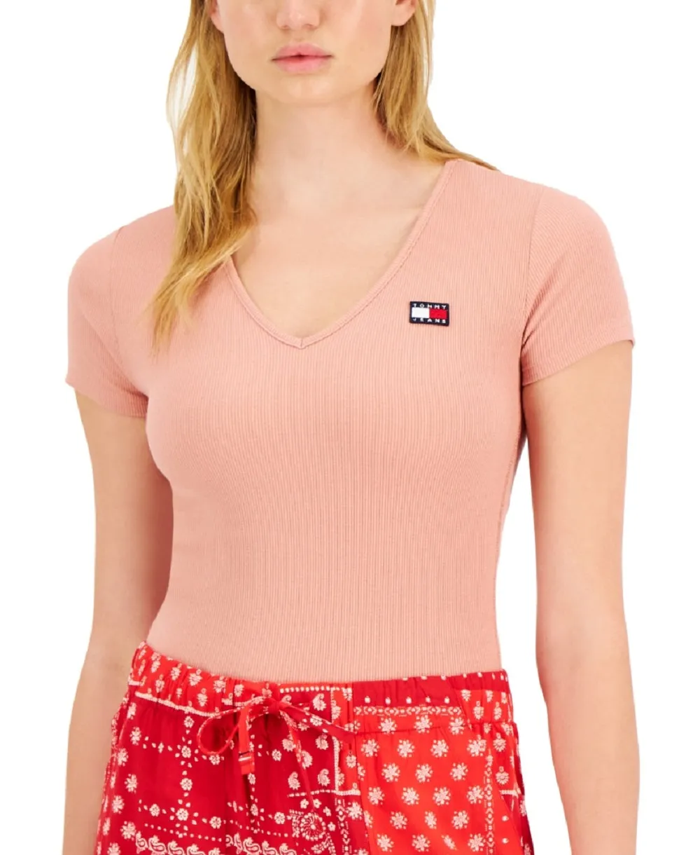 Tommy Jeans Women's Stretch Ribbed Snap Closure At Gusset Short Sleeve V Neck Body Suit Top Pink Size Large