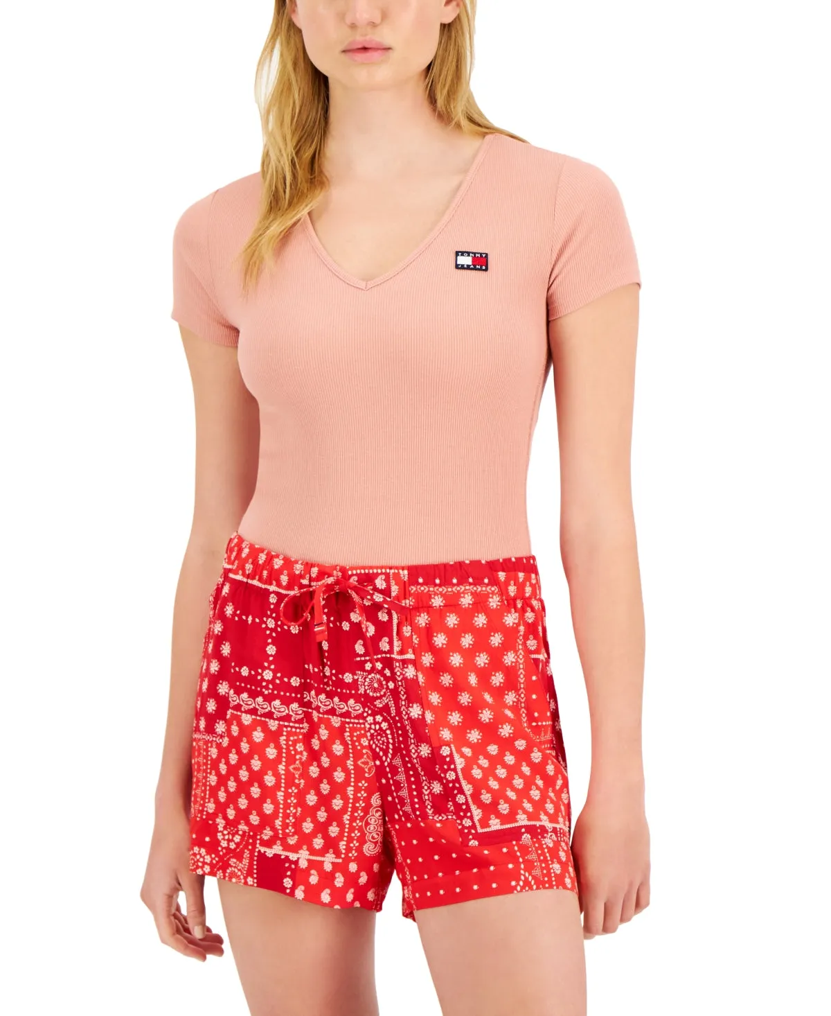 Tommy Jeans Women's Stretch Ribbed Snap Closure At Gusset Short Sleeve V Neck Body Suit Top Pink Size Large