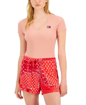 Tommy Jeans Women's Stretch Ribbed Snap Closure At Gusset Short Sleeve V Neck Body Suit Top Pink Size Large