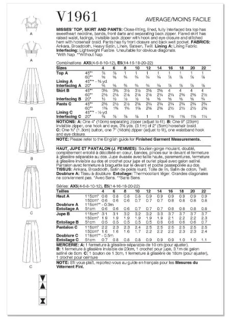V1961 Misses' Top, Skirt and Pants