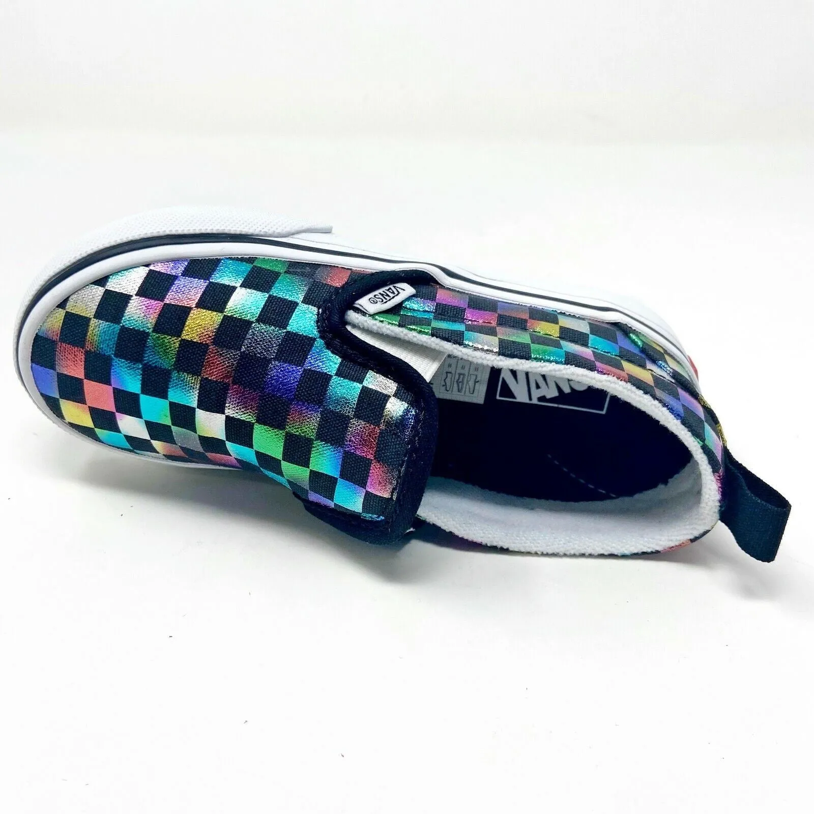 Vans Slip On V (Iridescent Check) Black White Toddler Baby Casual Shoes