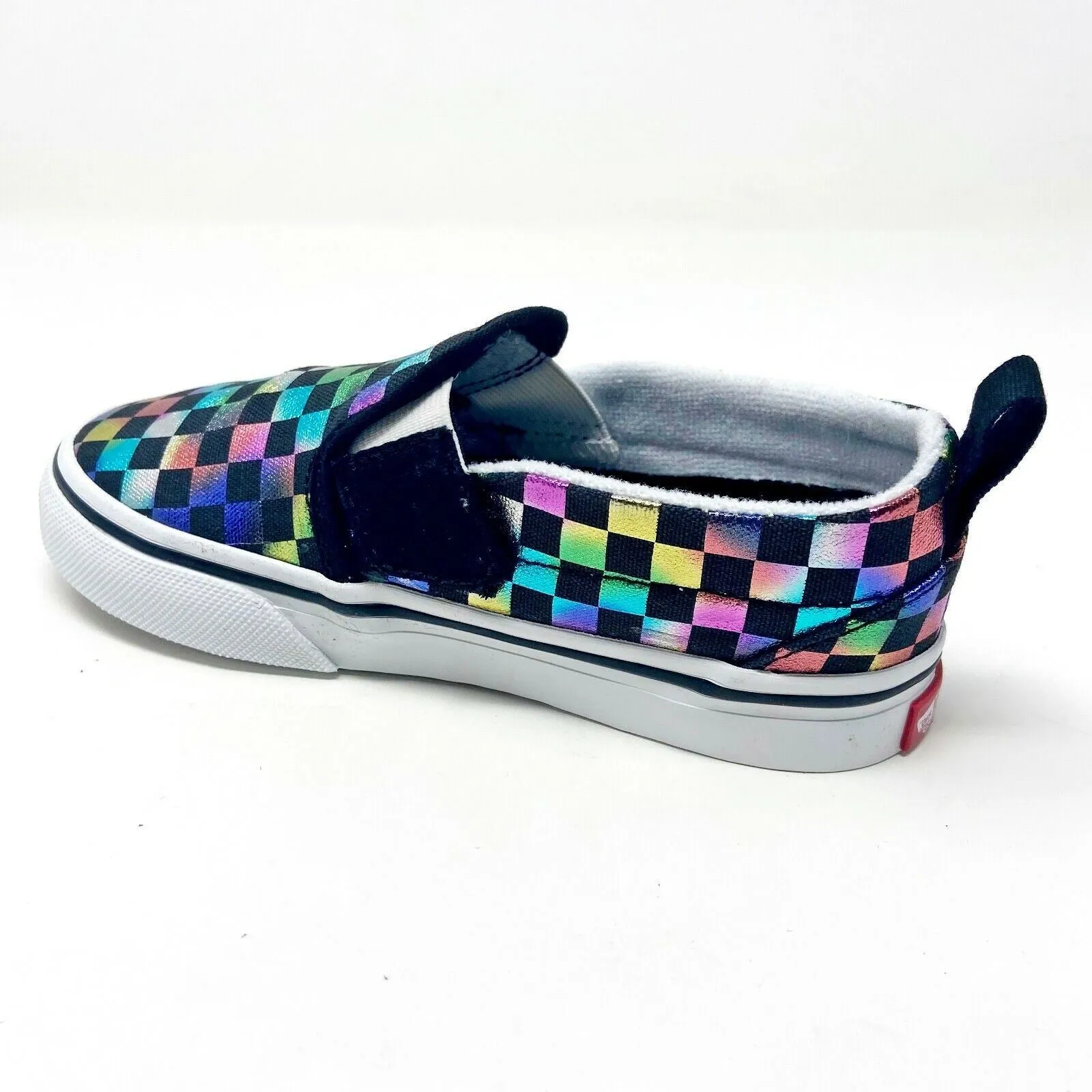 Vans Slip On V (Iridescent Check) Black White Toddler Baby Casual Shoes
