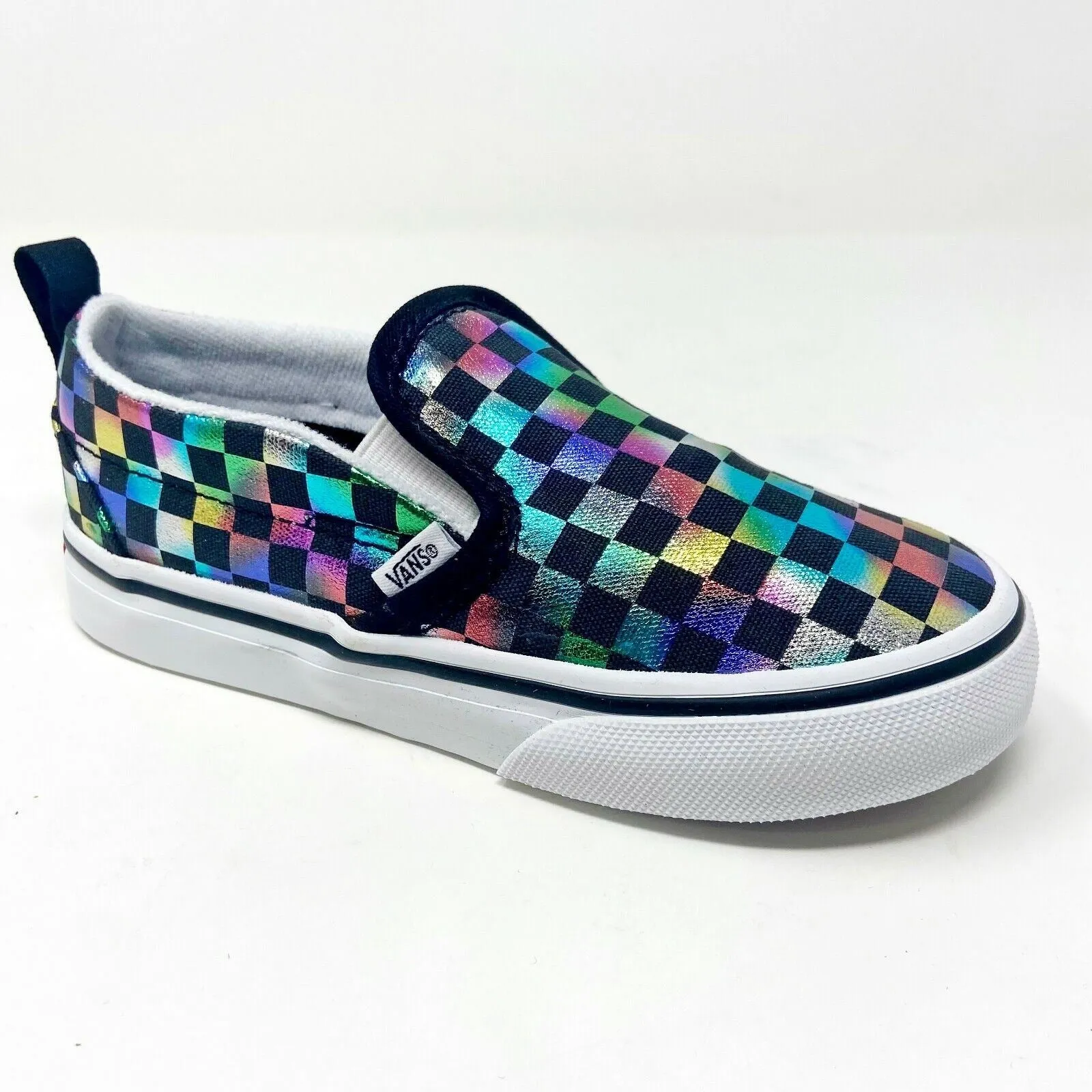 Vans Slip On V (Iridescent Check) Black White Toddler Baby Casual Shoes