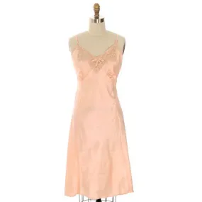 Vintage Full Slip Bias Cut Peach Rayon Satin w/ Lace & Bow Trim Sz 38 1930s Adso