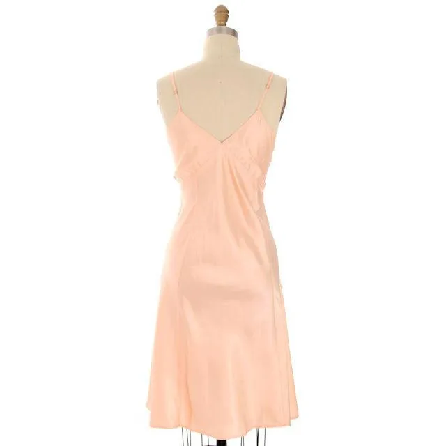 Vintage Full Slip Bias Cut Peach Rayon Satin w/ Lace & Bow Trim Sz 38 1930s Adso