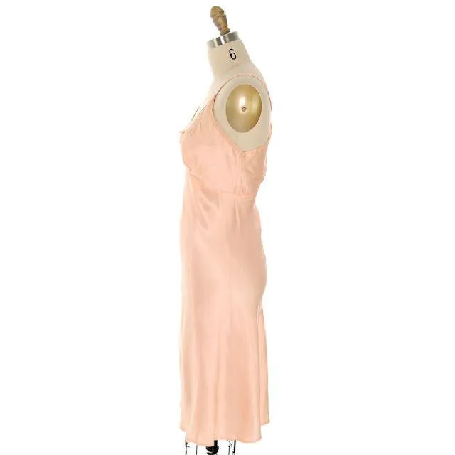 Vintage Full Slip Bias Cut Peach Rayon Satin w/ Lace & Bow Trim Sz 38 1930s Adso